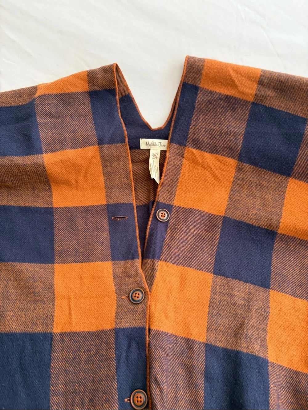 Matilda Jane Warm Sunset Poncho One Size Navy Orange Buffalo Plaid Fringe